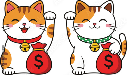 Lucky Cat Icon Set with Money Bags and Bells for Good Fortune, Wealth, and Prosperity Symbolism in Design