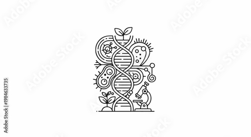 Stylized DNA helix with microscopic organisms and scientific tools
