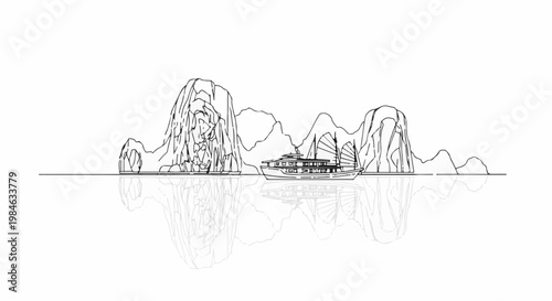Stylized drawing of a boat navigating between karst islands reflected in water