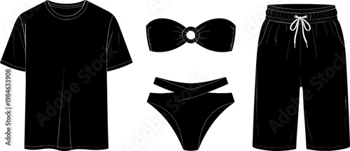 Casual and Swimwear Clothing Set with T-Shirt, Bikini, and Shorts for Summer, Beach, and Vacation Apparel Design