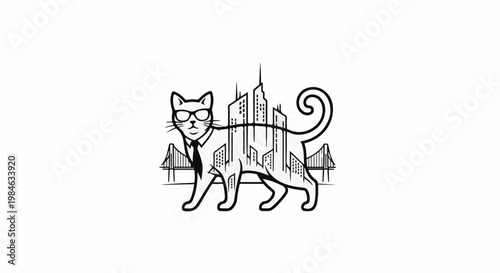 Stylized cat with sunglasses, tie, and city skyline filling its body