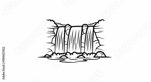 Stylized drawing of a multi-tiered waterfall cascading down rocks into a pool