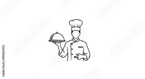 Stylized chef with toque holding a silver serving cloche, ready to serve
