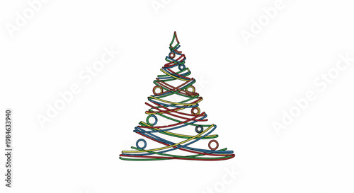 Stylized Christmas tree formed by colorful, intertwined strands and circles