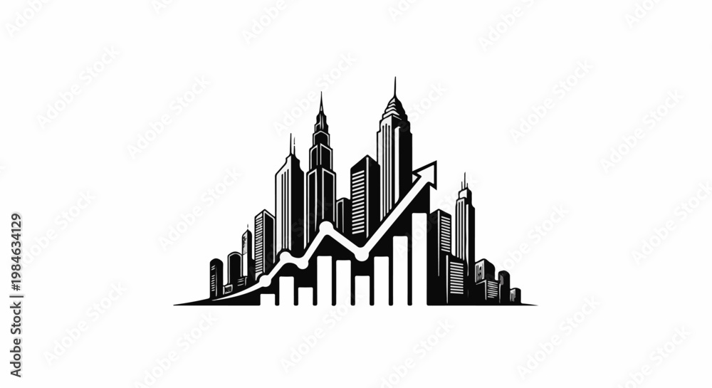 Fototapeta premium Stylized city skyline with upward trend graph and bar chart