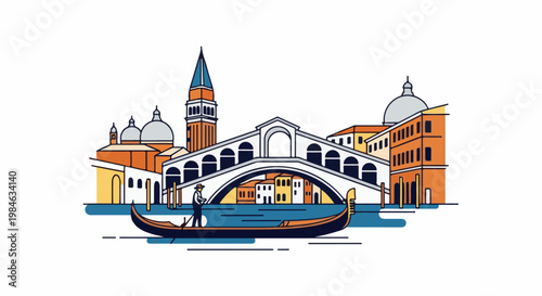 Stylized cityscape with a gondola on water and a prominent bridge