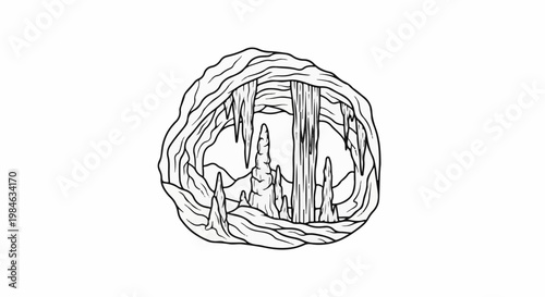 Stylized drawing of cave interior with stalactites and stalagmites