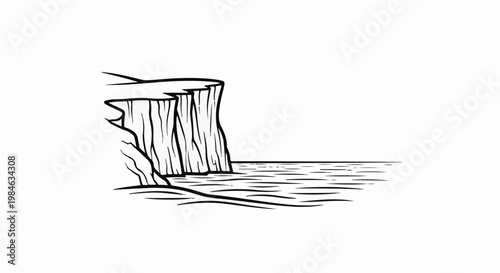 Stylized drawing of rugged cliffs meeting the wavy sea under a clear sky