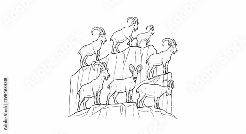 Stylized drawing of several mountain goats standing on rocky cliffs