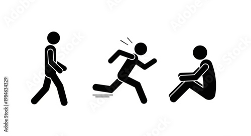 Three stick figures showing different actions and emotions.