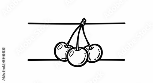 Stylized drawing of three cherries hanging from a stem between two lines
