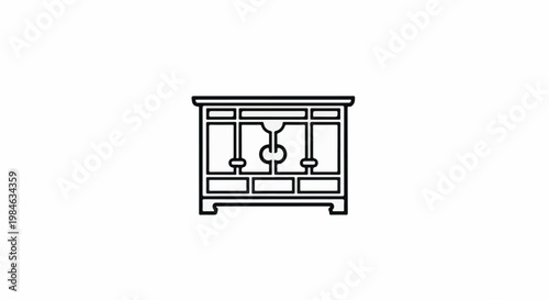 Stylized black and white line art of a decorative cabinet