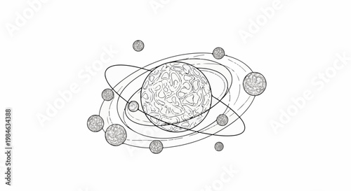 Stylized cosmic scene with a central textured planet and orbiting spheres