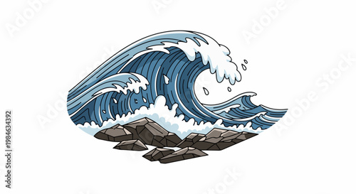 Stylized crashing wave over rocks, pixelated art style, ocean