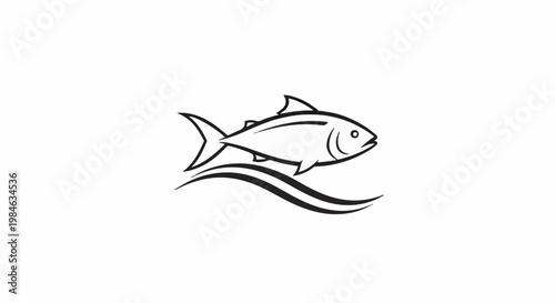 Stylized black and white line drawing of a fish swimming above waves