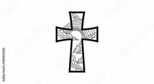 Stylized cross outline filled with stylized clouds and rainbow arcs