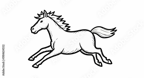 Stylized black and white line drawing of a horse in mid-gallop