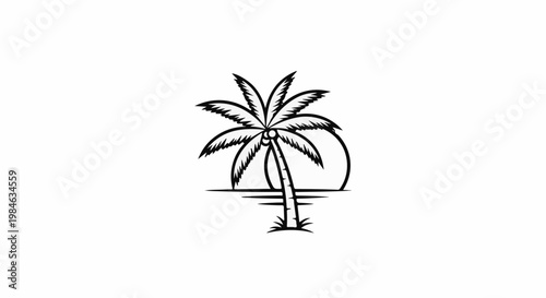 Stylized black and white drawing of a palm tree at sunset