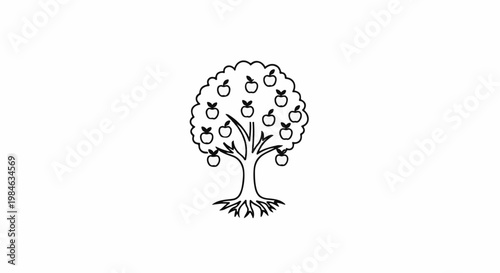 Stylized black and white drawing of a round apple tree with fruit