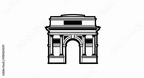 Stylized black and white drawing of a grand triumphal arch with a blank plaque