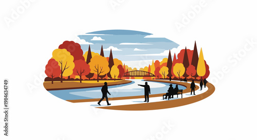 Stylized autumn park scene with a river and a bridge, people strolling