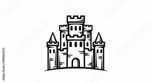Stylized black and white outline of a majestic medieval castle with battlements and towers