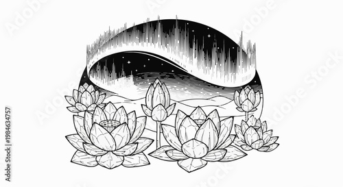 Stylized aurora borealis illuminates a serene scene of blooming lotus flowers