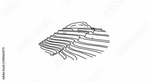 Stylized black and white drawing of layered rock formations resembling terraces
