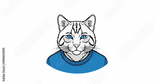 Stylized anthropomorphic cat portrait with bright blue eyes and blue sweater