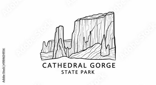 Stylized line art depicting towering rock formations of a gorge