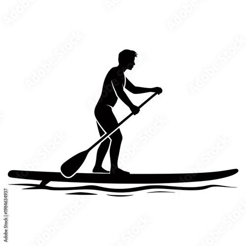 Paddle boarding Silhouette Vector, Simple Black Water Adventure Icon on White Background