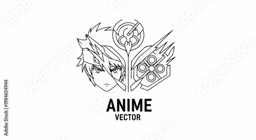 Stylized anime character faces with mechanical elements and text