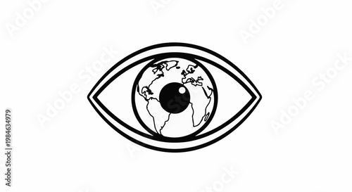 Stylized eye contains a world map, symbolizing global vision