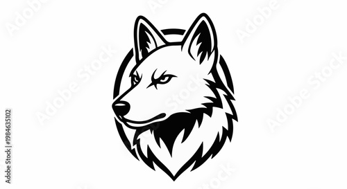 Stylized black and white graphic of a wolf's head with sharp features and a circular frame