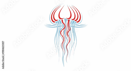 Stylized abstract illustration of a jellyfish with red and blue flowing tentacles