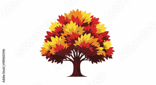 Stylized deciduous tree with vibrant red, yellow, and orange foliage