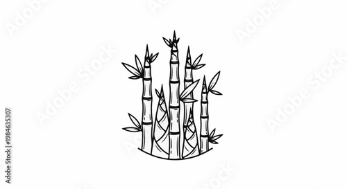 Stylized black ink drawing of multiple bamboo stalks with leaves