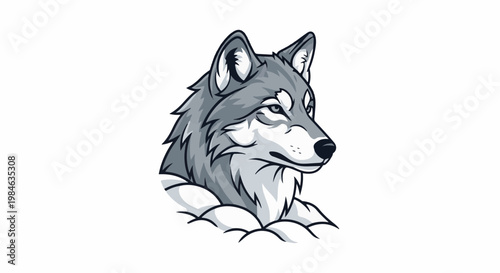 Stylized depiction of a grey wolf's head and chest against a white background