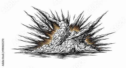 Stylized depiction of a powerful, expanding explosion with dark smoke and golden light
