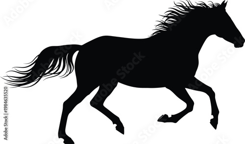 Elegant Black Horse Silhouette Trotting Gracefully, Wild Stallion in Smooth Motion Isolated on White Background