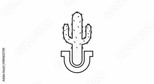 Stylized cactus with thorny arms sits atop a horseshoe shape