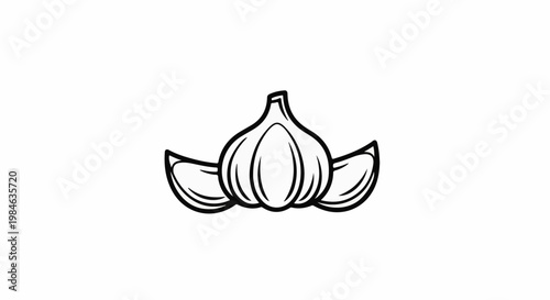 Stylized black and white illustration of a garlic bulb with two cloves