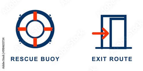 Safety signage rescue buoy and exit route pictograms with text labels