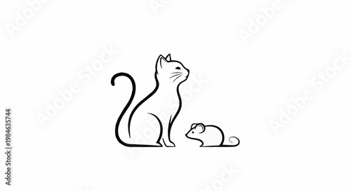 Stylized line art depicts a curious cat and a timid mouse in simple form