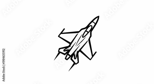 Stylized black and white illustration of a modern fighter jet ascending