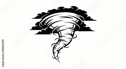 Stylized black and white illustration of a powerful tornado amidst dark clouds