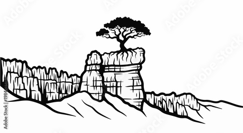 Stylized black and white illustration of a solitary tree atop a rocky pinnacle