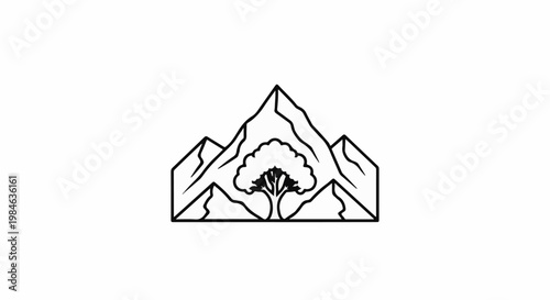 Stylized line art depicts a lone tree nestled before a range of mountains