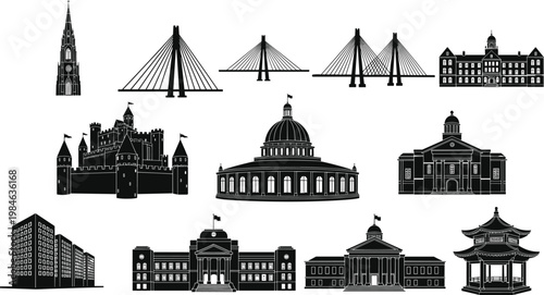Vector silhouettes of various world landmarks including bridges castles cathedrals government buildings and temples representing global architecture travel historical heritage and urban city 