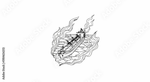 Stylized illustration of a ship on fire at sea